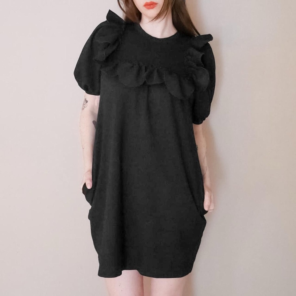 Simone Rocha black puff sleeve baby doll dress with round ruffle neckline sz s